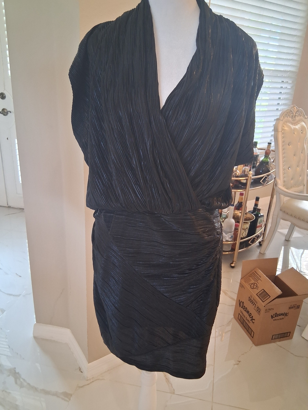 Rachael Ray Black Pleated Wrap-Style Mini Dress